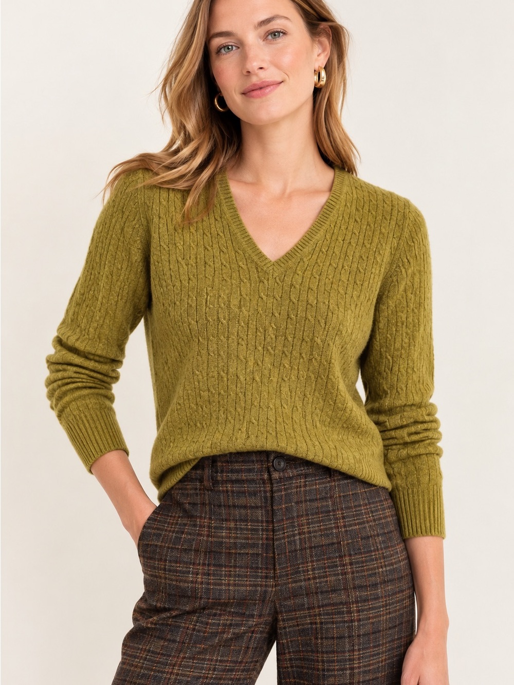 J.Crew Olive Green Lightweight Wool Cashmere Cable-Knit V-Neck Sweater L